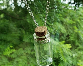 Empty fillable mini glass bottle charm w cork stopper Dainty pendant Tiny Little Keepsake Wishing Jar silver chain necklace essential oil