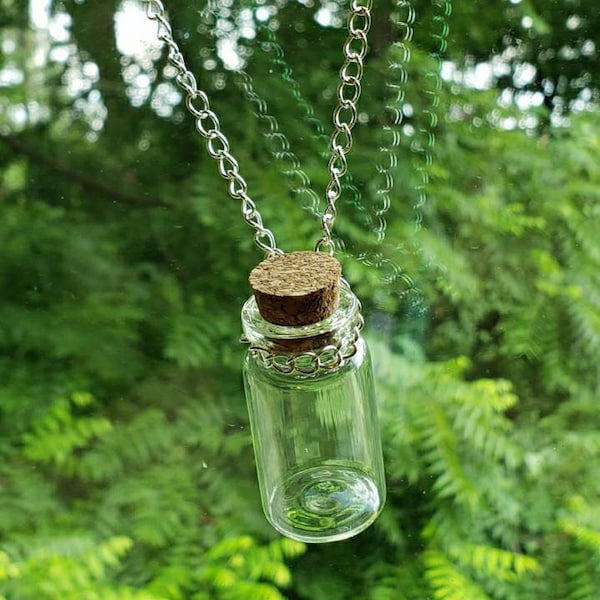 Empty fillable mini glass bottle charm w cork stopper Dainty pendant Tiny Little Keepsake Wishing Jar silver chain necklace essential oil