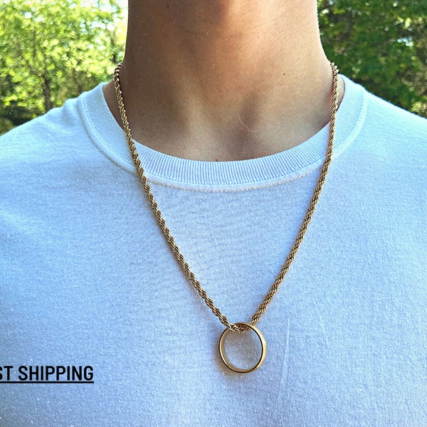 Men's Gold Stainless Steel Ring Pendant Necklace | Waterproof Rope Chain In 3 Colors | 6 Different Ring Colors