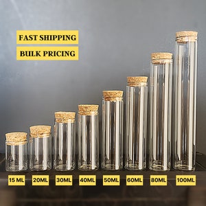 Glass Vase Bottles | Wide Mouth 15-100ML | DIY Empty  Fillable Quality Clear BOROSILICATE Jar W/Cork | Vials for Herbs Teas Spices