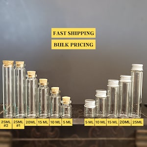 Glass Bottles W/Cork Or Metal Screw Lid |  5-10-15-20-25ML | BULK Empty Quality Clear Small Vials for Herbs, Tea's, Spices, Oils