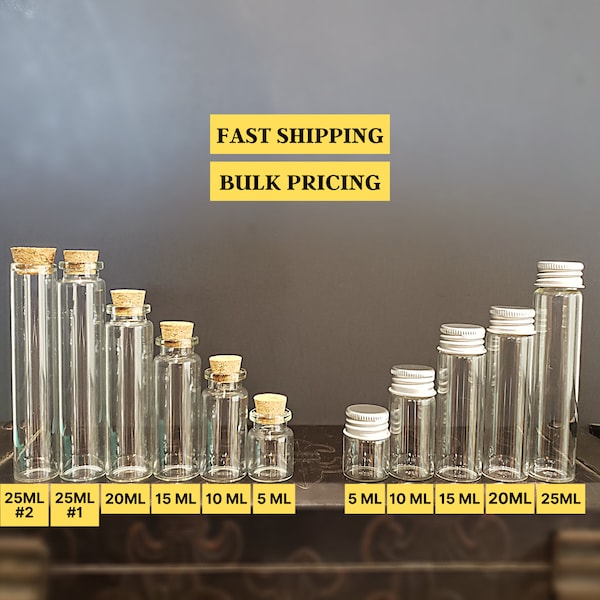 Glass Bottles W/Cork Or Metal Screw Lid |  5-10-15-20-25ML | BULK Empty Quality Clear Small Vials for Herbs, Tea's, Spices, Oils