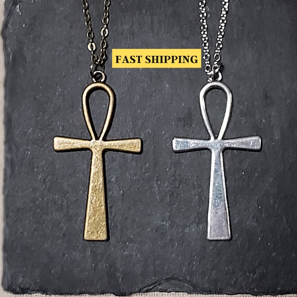 Ankh Brushed Antique Silver or Bronze Pendant Necklace | Large Gothic Egyptian Spiritual Jewelry Cross