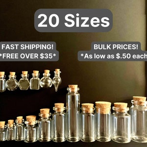 Mini Glass Bottles  20 SIZES   BULK PRICES  Tiny Clear Jar  cork lid | Empty Fillable Diy wish charm perfume Assorted Shape Variety