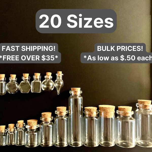 Mini Glass Bottles  20 SIZES   BULK PRICES  Tiny Clear Jar  cork lid | Empty Fillable Diy wish charm perfume Assorted Shape Variety