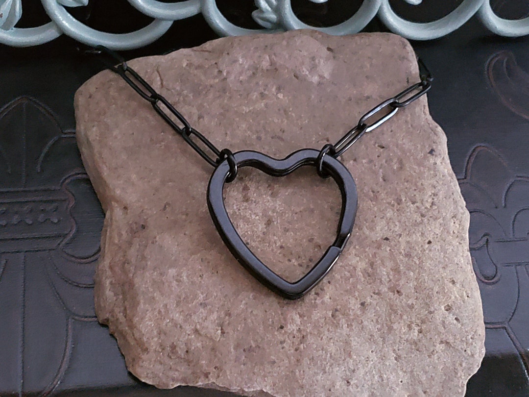 BLACK HEART PAPERCLIP Chain Necklace Gunmetal Heart Split Key Ring