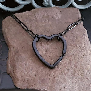 BLACK HEART PAPERCLIP Chain Necklace | Gunmetal Heart Split Key Ring Choker | Long Link Stainless Steel, Hypoallergenic, Chain Necklace