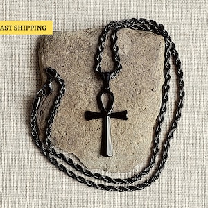 Ankh Black Gunmetal Stainless Steel Pendant Necklace | 316L Surgical Stainless Rope Chain | Spiritual Jewelry |  Black, Silver or Gold
