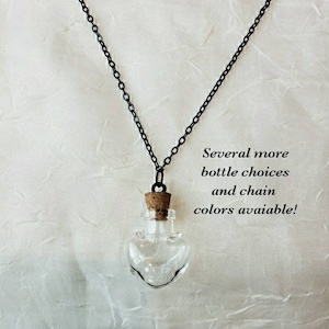 Empty Heart Bottle BRASS chain necklace Fillable pendant charm w cork Mini glass jar Keepsake wishing vial Pet memorial Stocking