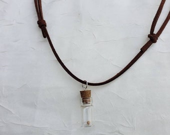 Sterling Silver Mustard seed necklace Faux leather slipknot Glass bottle charm w cork Pendant Easter Basket