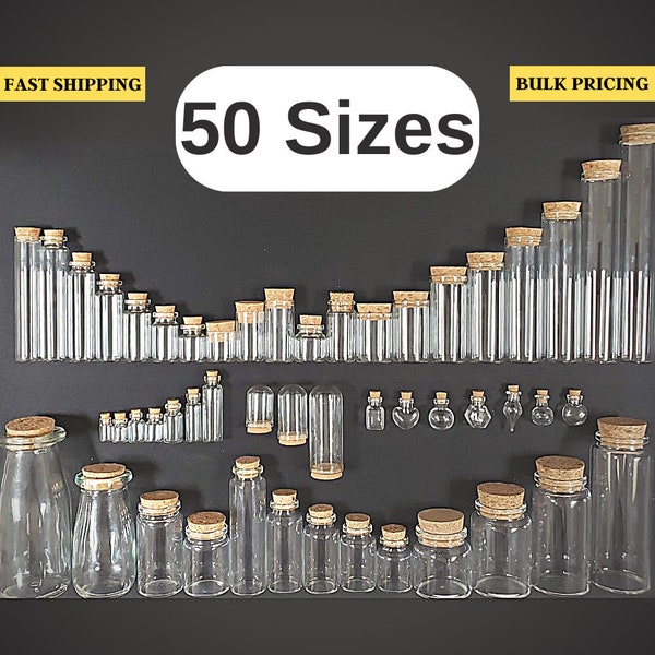 Empty Glass Bottles | 50 SIZES | BULK PRICES | Diy Fillable Tiny Quality Clear Vase | Jar W/Cork Lid | Mini Pendant Vials for Herbs