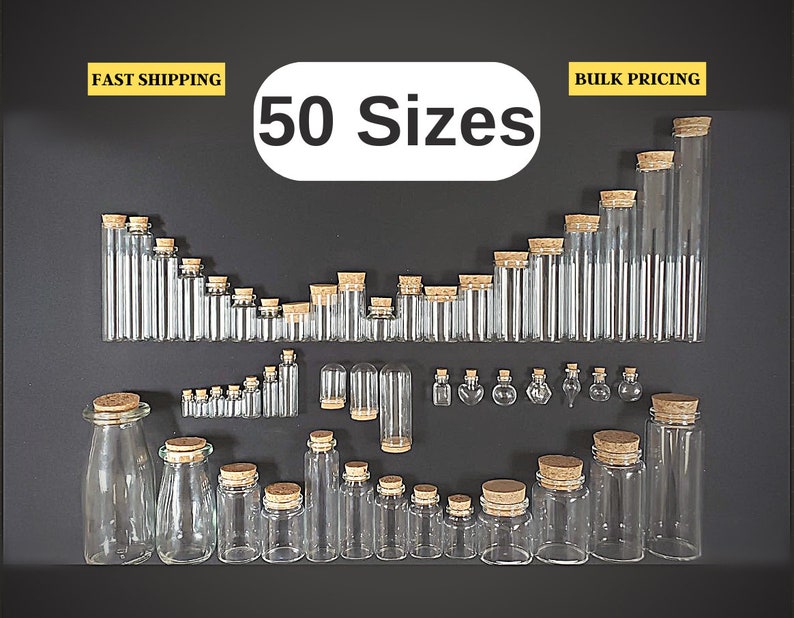May include: A collection of 50 glass bottles with cork stoppers in various sizes and shapes. The bottles are arranged in rows on a black background. The text "50 Sizes" is displayed in a white circle.
