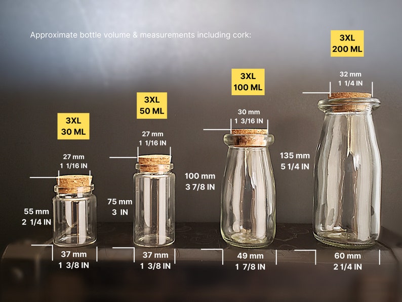 May include: Four clear glass bottles with cork stoppers and different sizes. The bottles are labeled with their volume in milliliters and inches. The bottles are arranged from smallest to largest. 3XL 30 ML, 3XL 50 ML, 3XL 100 ML, 3XL 200 ML.