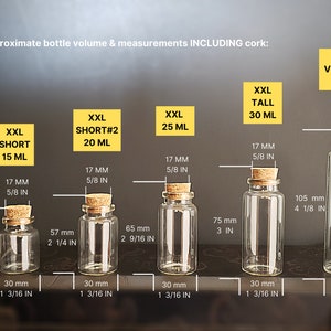 May include: Five glass bottles with cork stoppers, ranging in size from 15 ml to 50 ml. The bottles are labeled with their volume and measurements in millimeters and inches.  Approximate bottle volume & measurements INCLUDING cork: