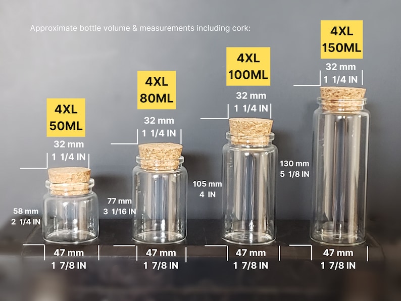 May include: Four clear glass bottles with cork stoppers and measurements in millimeters and inches. The bottles are labeled 4XL 50ML, 4XL 80ML, 4XL 100ML, and 4XL 150ML.