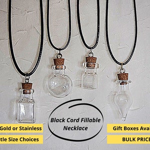 Empty Mini Glass Bottle Black Cord Necklace Pendant Charm Fillable w/corked stopper DIY Tiny Jar Jewelry Set - Stocking Stuffer