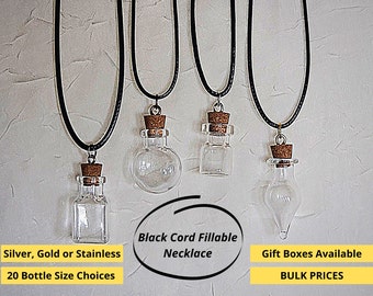 Empty Mini Glass Bottle Black Cord Necklace Pendant Charm Fillable w/corked stopper DIY Tiny Jar Jewelry Set - Stocking Stuffer