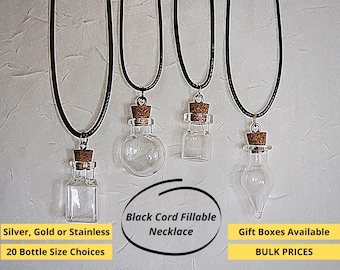 Empty Mini Glass Bottle Black Cord Necklace Pendant Charm Fillable w/corked stopper DIY Tiny Jar Jewelry Set - Stocking Stuffer