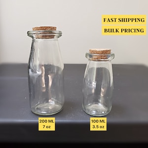 Glass Milk Bottle - Old Fashioned Vintage Rustic Look W/Cork Lids  | Small Mini Glass Antique Look Favor Jars | 2 sizes 100ML & 200ML