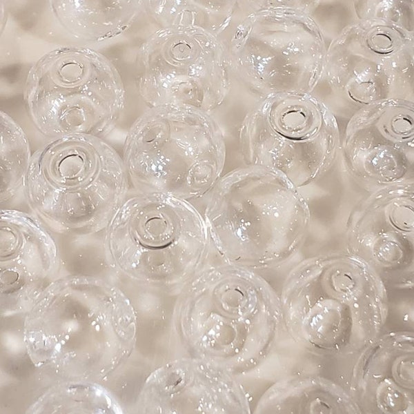 Empty Mini clear handmade blown glass globe beads 9-10mm  2 HOLE  hollow sphere  Sets of 10