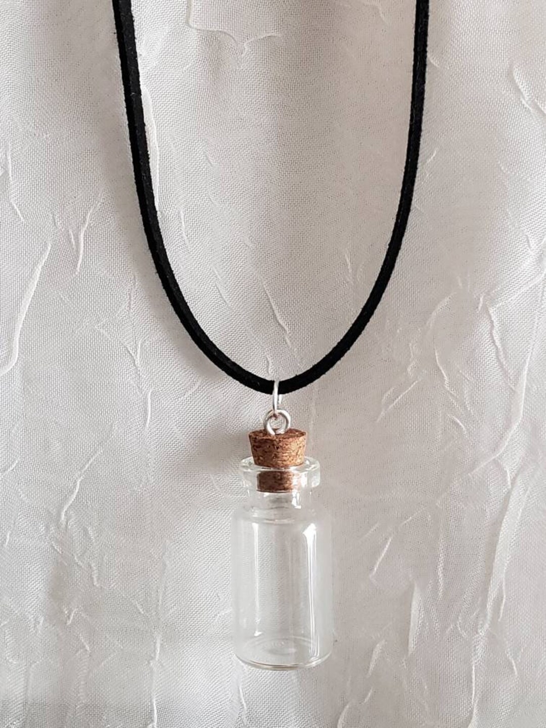 Empty Fillable Mini Glass Bottle Charm Corked Stopper Black Faux