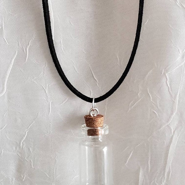 Empty fillable mini glass bottle charm corked stopper Black faux leather cord necklace Pendant Tiny Jar jewelry set Graduation b