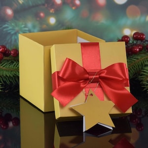 Gold gift box, Christmas gift box, Red ribbon gift box, Holiday party favor box, Christmas packaging, Festive gift box, Custom gift label
