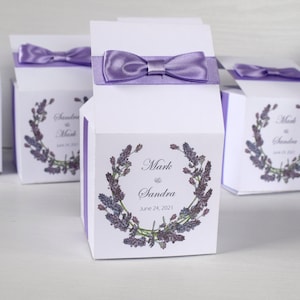 Lavender Wedding favor boxes, Personalized Favor box with satin ribbon, Custom wedding favor boxes for guests with names, cake box