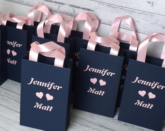 Personalized Navy Gift Bags: Elegant Wedding Favor Bags with Satin Ribbon