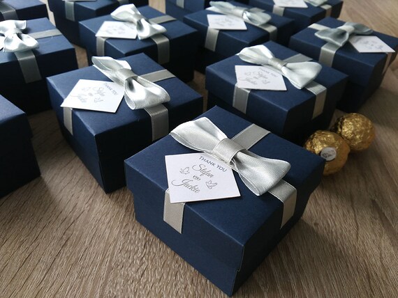 navy blue box personalized wedding favor candy box wedding candy box wedding favor boxes with satin ribbon bow and custom tag gift box personalized candy boxes