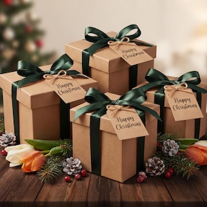 Può includere: Quattro scatole regalo quadrate in cartone marrone avvolte con nastri e fiocchi in raso verde scuro. Ogni scatola presenta un'etichetta in carta color cuoio legata con spago, con la scritta Happy Christmas. Decorate con rami di pino e tulipani.