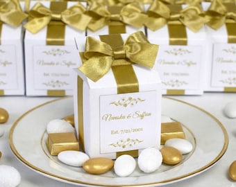 Personalized Wedding Favor Boxes, Elegant Candy Gift Box with Bow