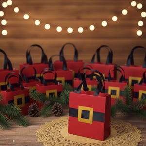 Christmas bags, Red Paper Gift Bag with Santa Belt | Personalized Label