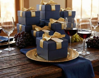 Personalized Navy Blue Gift Box: Elegant Champagne Ribbon