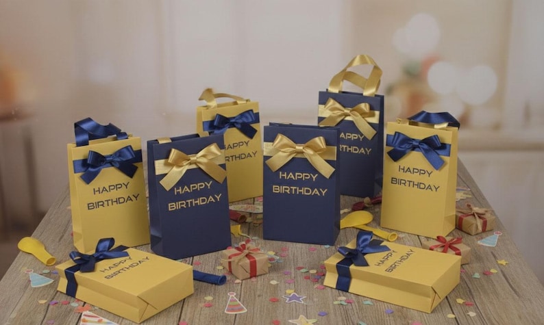 Personalized Navy Blue & Matte Gold Gift Bags – Three Sizes Available image 3