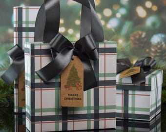 Borsa regalo natalizia personalizzata in tartan verde, borsa per bomboniere