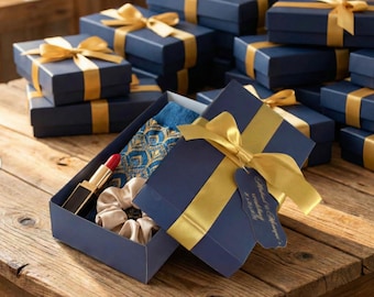 Navy Blue Gift Box with Ribbon: Elegant Bridesmaid Packaging