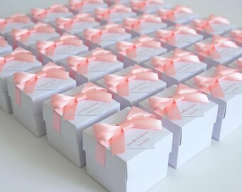 Party favor boxes, White or ivory box with a personalized label