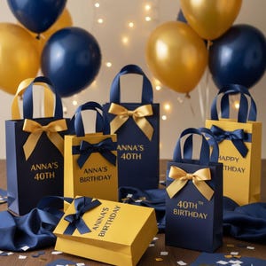 Personalized Christmas Gift Bag, Navy & Gold Ribbon, Custom Holiday Bag
