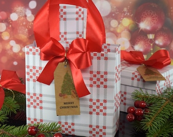 Borsa regalo natalizia a quadri rossi, etichetta natalizia personalizzata