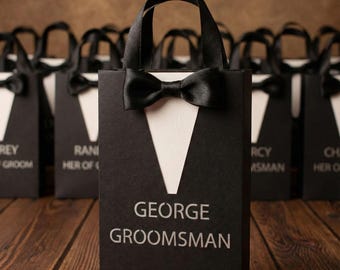 Best man bag,Black Gift Bags with Personalization and Bow Tie – Groom Suit Style