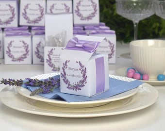 Personalized Lavender Wedding Favor Boxes with Satin Ribbon