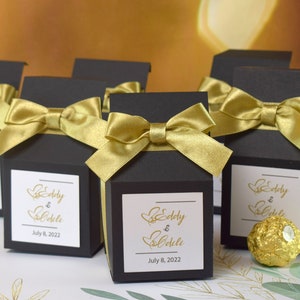 Gouden bedankdoosjes, zwarte bedankdoosjes, op maat gemaakte bedankdoosjes, gepersonaliseerde huwelijksbedankje, bonbondoos, doos bruiloft bedankje, aangepaste geschenkdoos