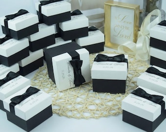 Cajas de regalo personalizadas en blanco y negro, regalo de boda con lazo