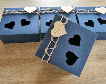 Eco-Friendly Cardboard Gift Box with Cut-Out Hearts and Personalized Wooden Tag