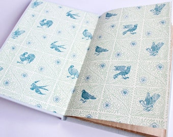 Casebound Notebook with Blue-Grey Bookcloth and Italian Endpapers, Reclaimed Kraft Paper Pages