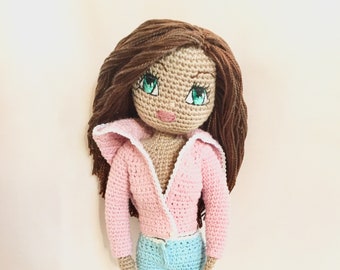 Crochet Doll Body Kate Combo with Kate's crochet clothes patterns of Jacket/Hoodie & also her jeans/shorts/skirt patterns.