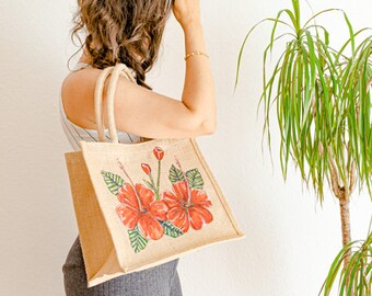 Dominican Cayenne Flower Handmade Painted Jute Bags - National