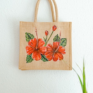 Dominican Cayenne Flower Handmade Painted Jute Bags - National Flowers Dominica Republic Hand made, 30x30x20 cm
