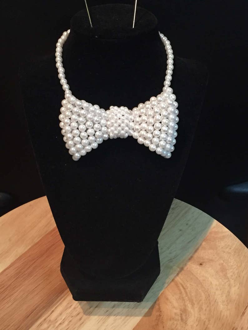 White Pearl bow tie with adjustable chain Etsy